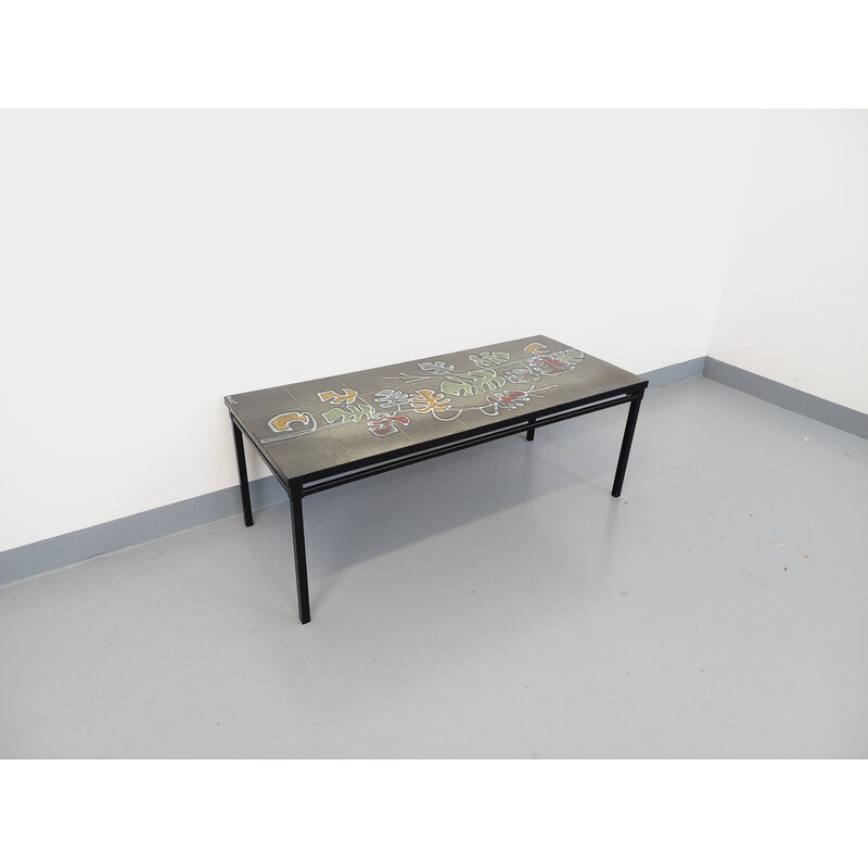 Table basse vintage par Adri en métal noir et céramique, 1970