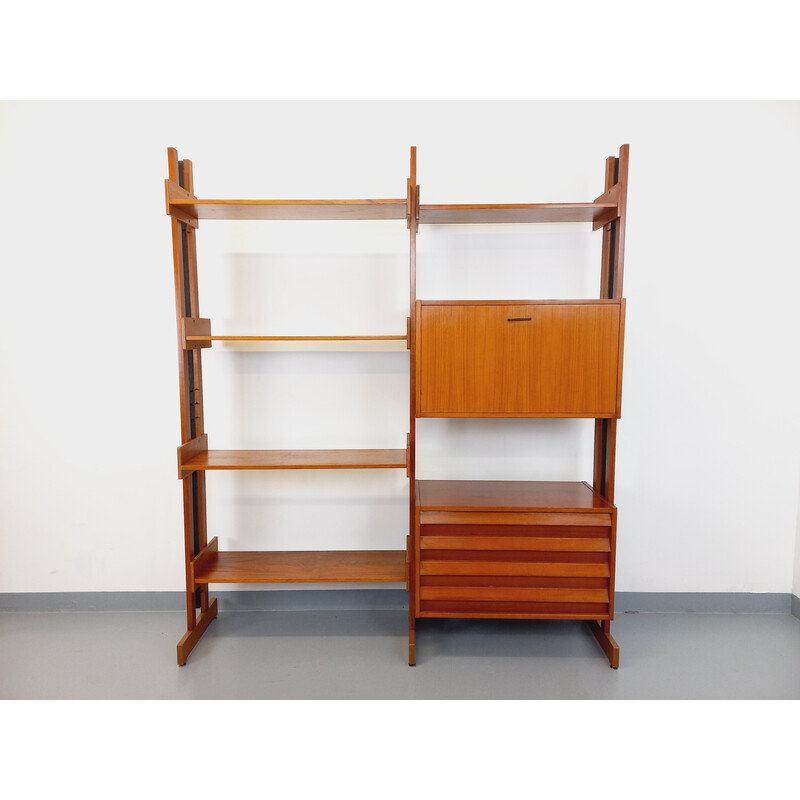 Bibliothèque étagère vintage modulable en teck et métal noir, Italie 1960