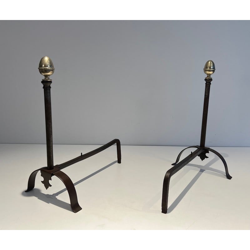 Pair of vintage andirons in wrought iron and brass, France