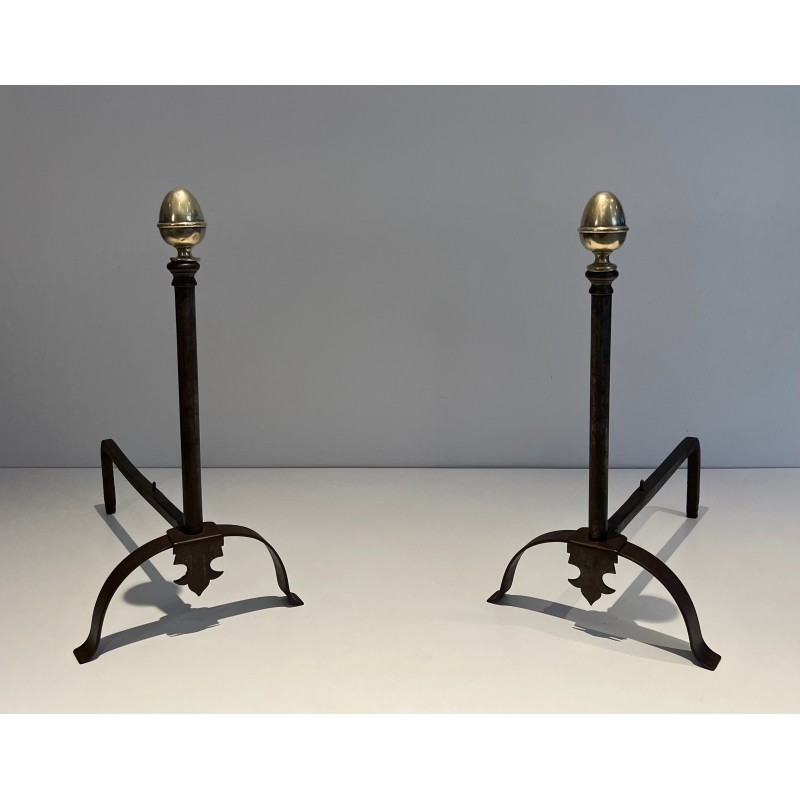 Pair of vintage andirons in wrought iron and brass, France