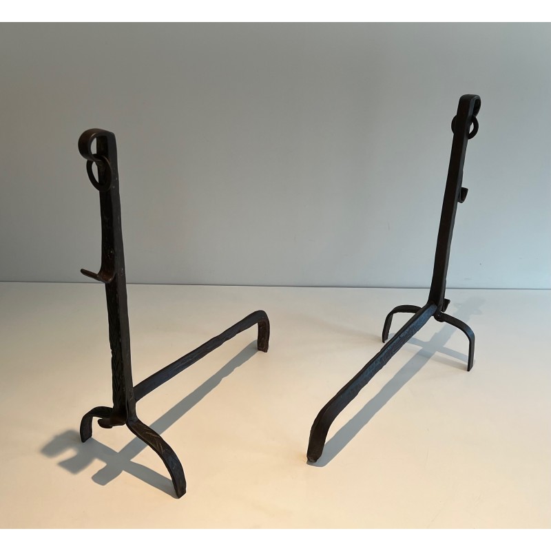 Pair of vintage wrought-iron andirons, France