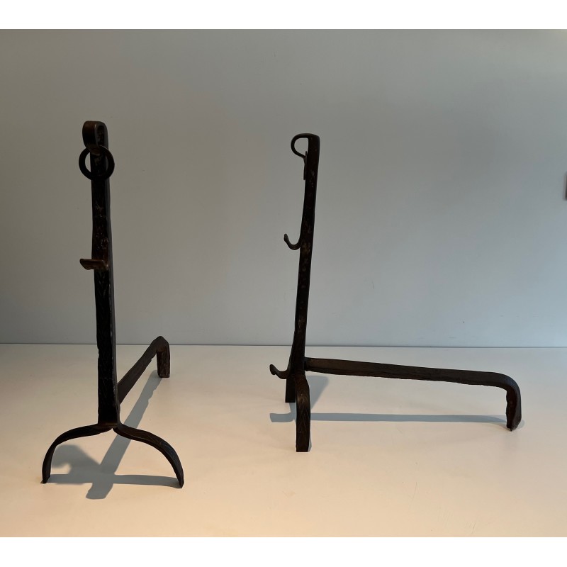 Pair of vintage wrought-iron andirons, France