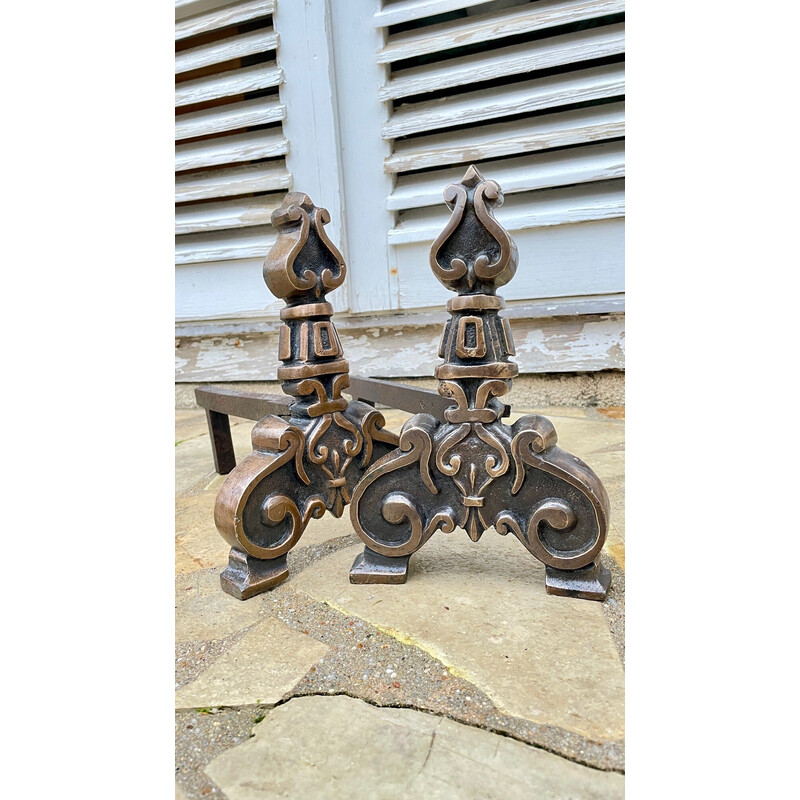 Pair of vintage andirons in solid brass and steel