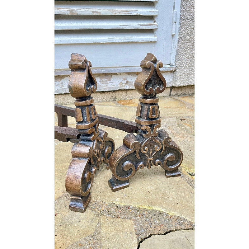 Pair of vintage andirons in solid brass and steel