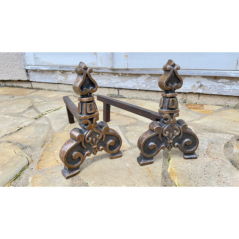 Pair of vintage andirons in solid brass and steel