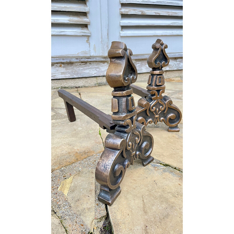 Pair of vintage andirons in solid brass and steel