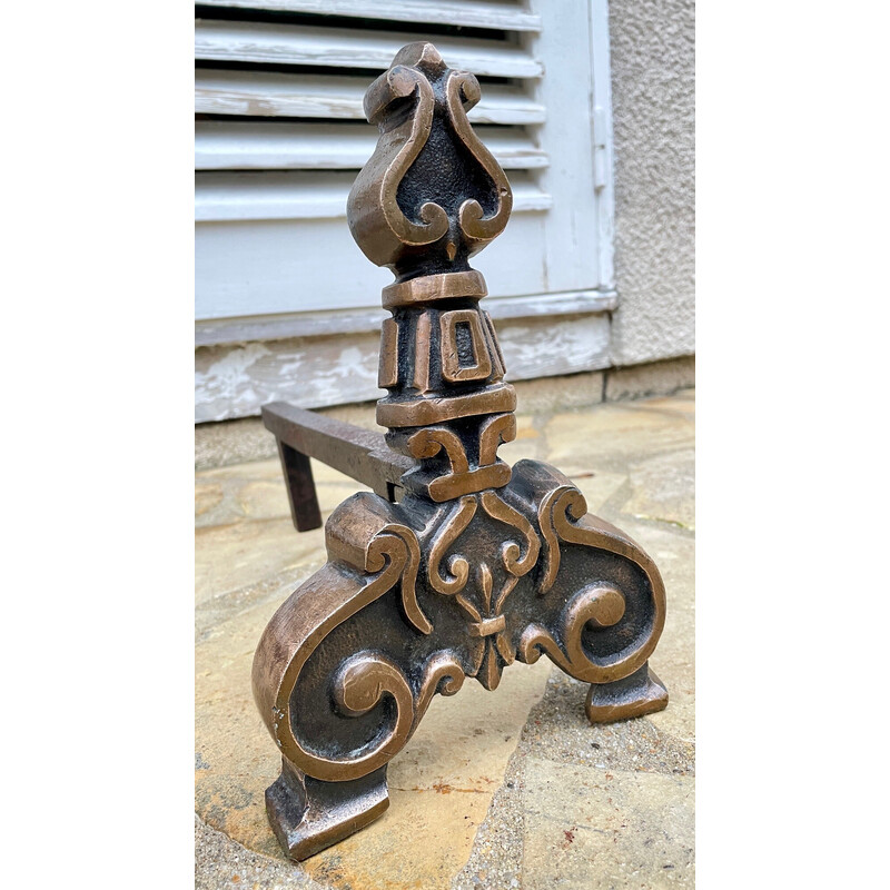 Pair of vintage andirons in solid brass and steel