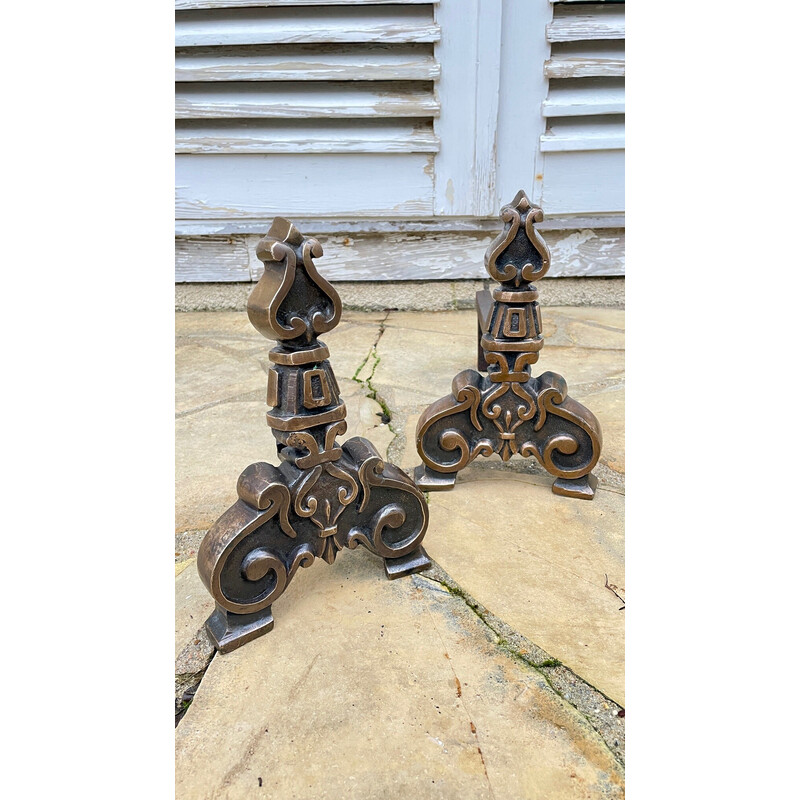 Pair of vintage andirons in solid brass and steel