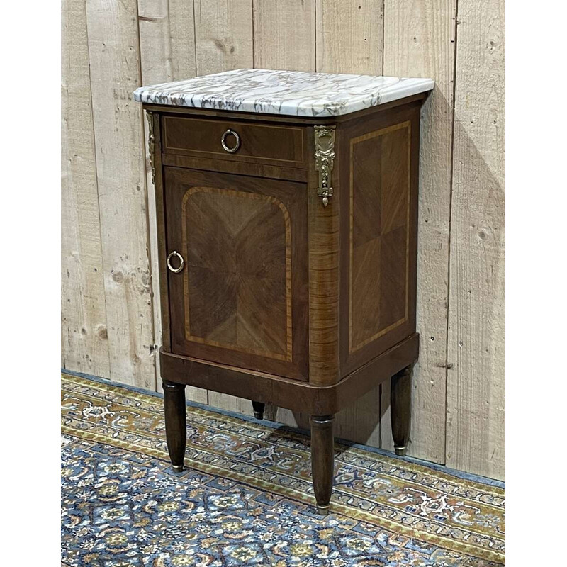 Vintage marquetry nightstand with white marble top