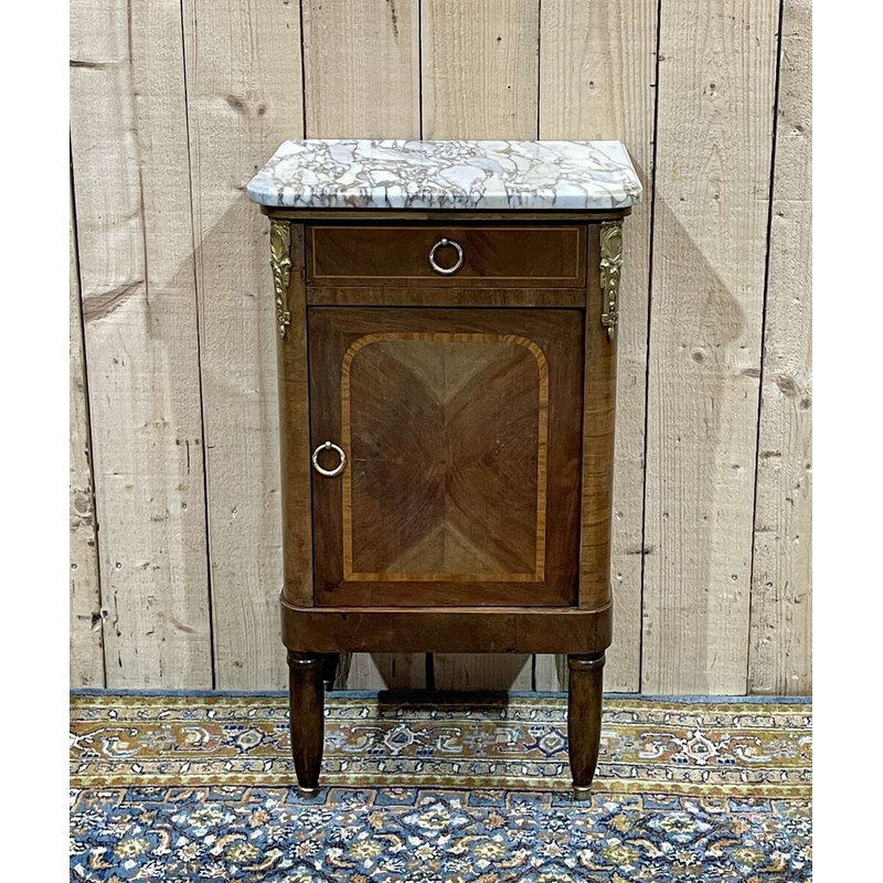 Vintage marquetry nightstand with white marble top