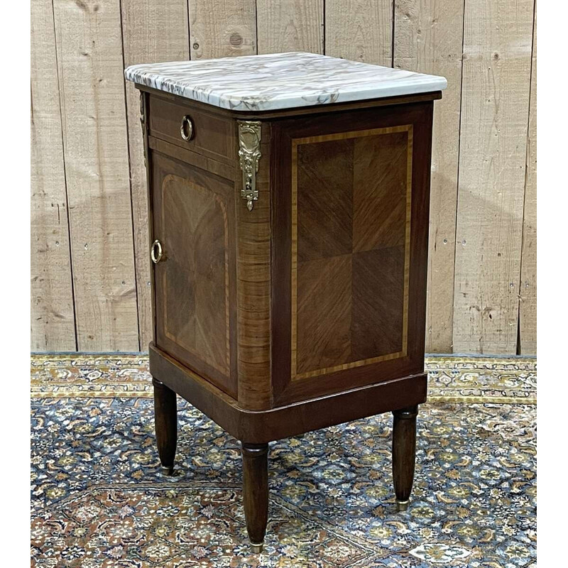 Vintage marquetry nightstand with white marble top