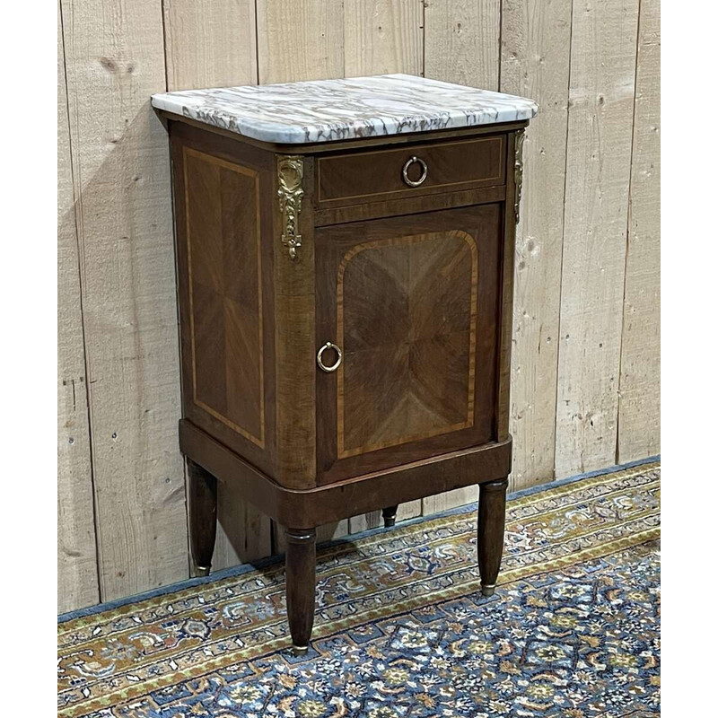 Vintage marquetry nightstand with white marble top