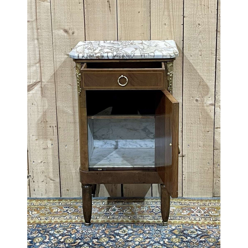 Vintage marquetry nightstand with white marble top