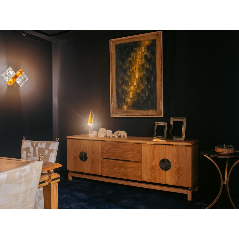 Vintage sideboard in ceruse oak and brass by Tommaso Barbi, Italy 1970