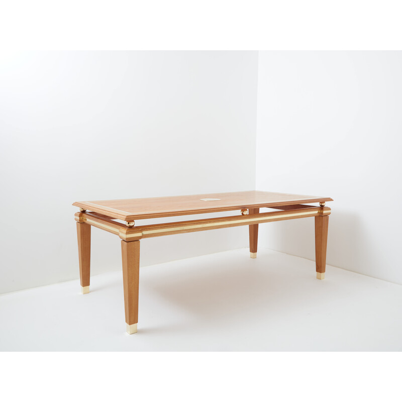 Vintage dining table in limed oak and brass by Tommaso Barbi, Italy 1970