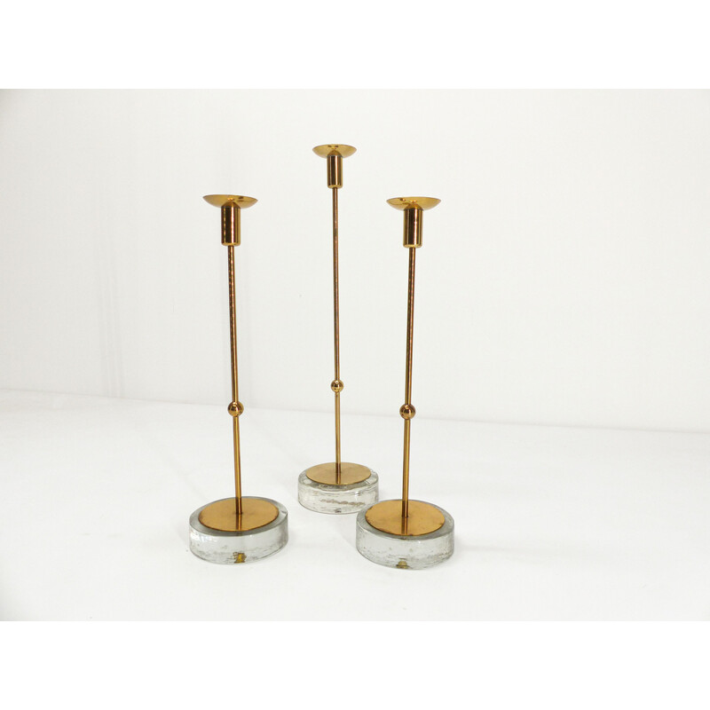 Set of 3 vintage brass and glass candlesticks by Gunnar Ander for Ystad Metall, 1960