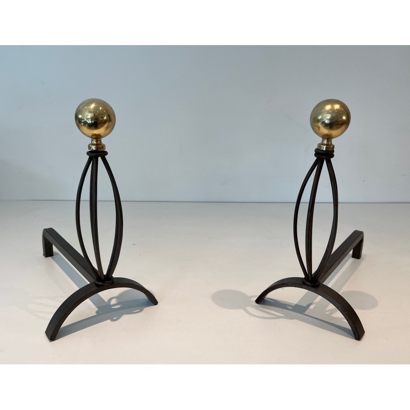 Pair of vintage wrought iron and brass andirons, France 1970