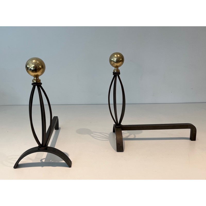 Pair of vintage wrought iron and brass andirons, France 1970