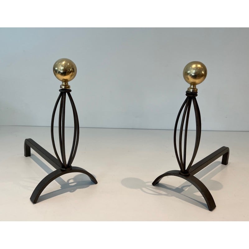 Pair of vintage wrought iron and brass andirons, France 1970