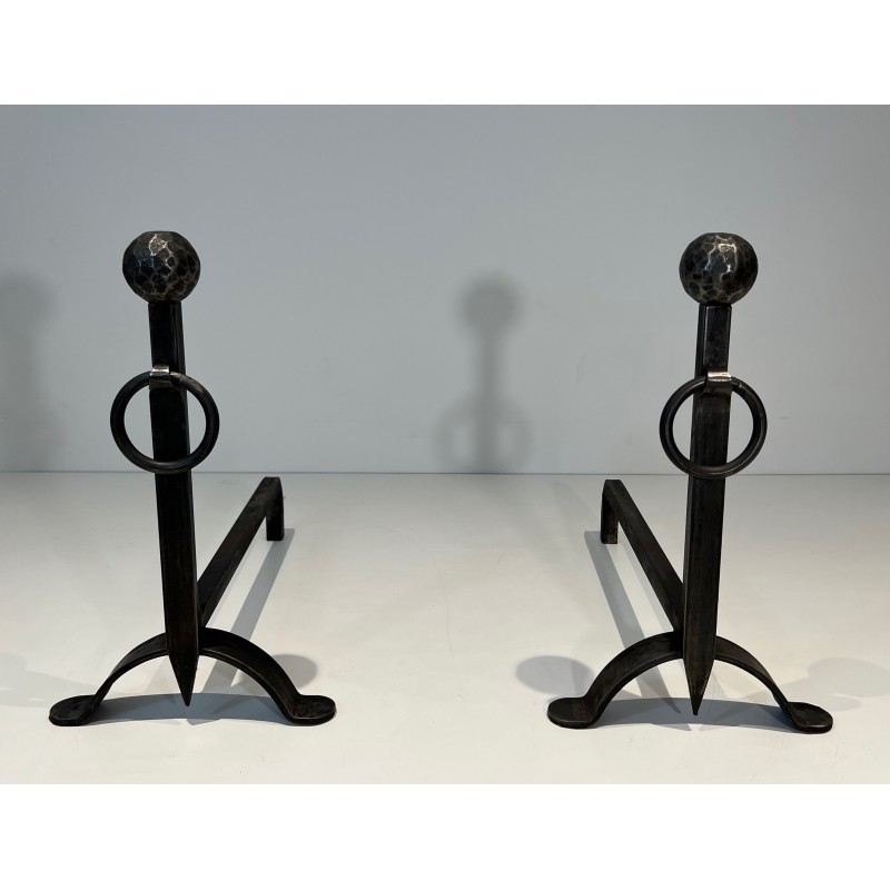 Pair of wrought and hammered iron andirons, France 1950