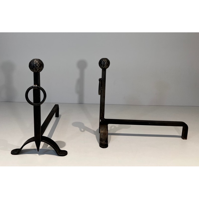 Pair of wrought and hammered iron andirons, France 1950