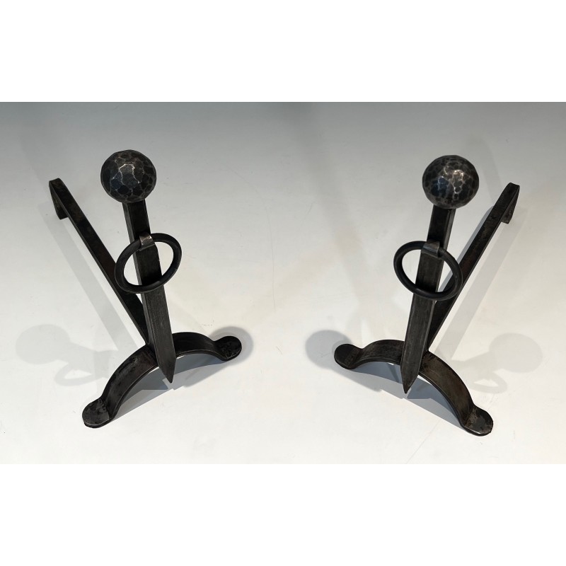 Pair of wrought and hammered iron andirons, France 1950