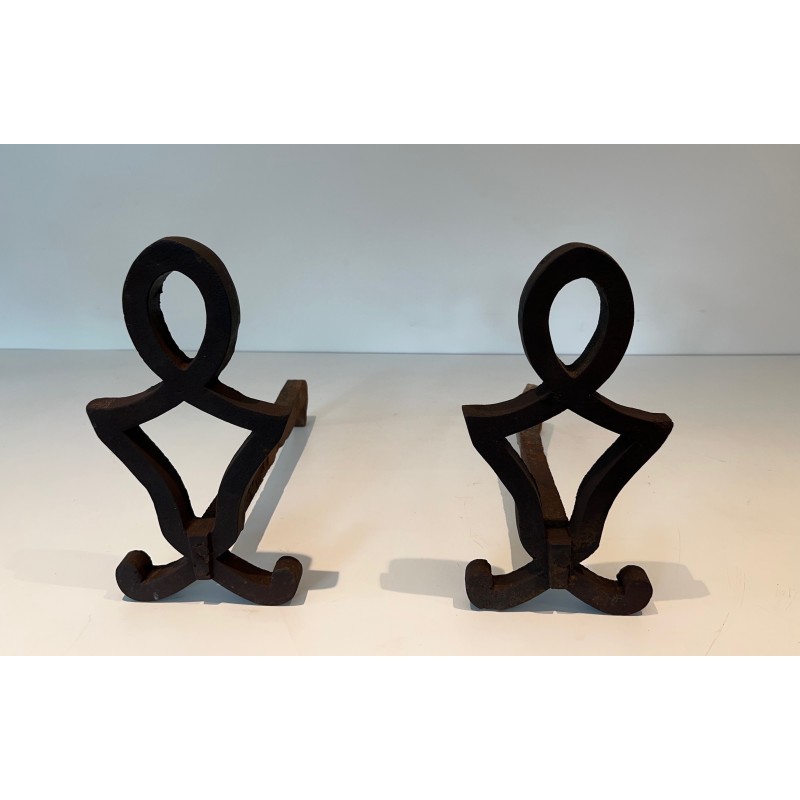 Pair of vintage cast iron and wrought iron andirons by Raymond Subes, France 1940