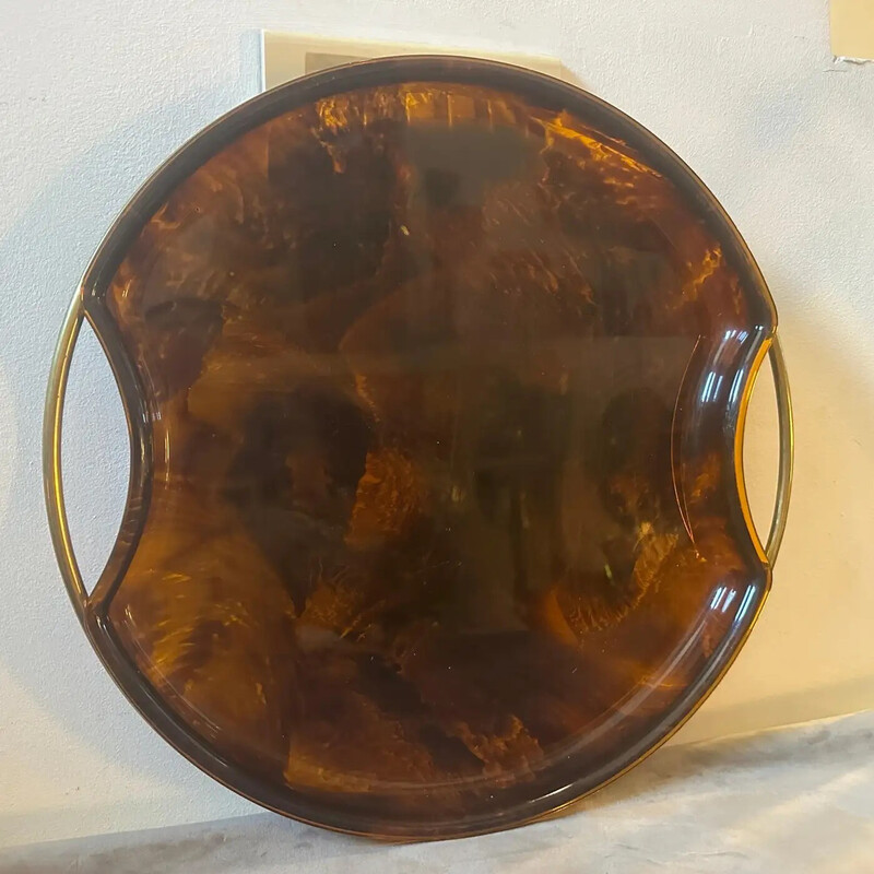 Vintage round brass and faux lucite turtle tray for Guzzini, Italy 1970