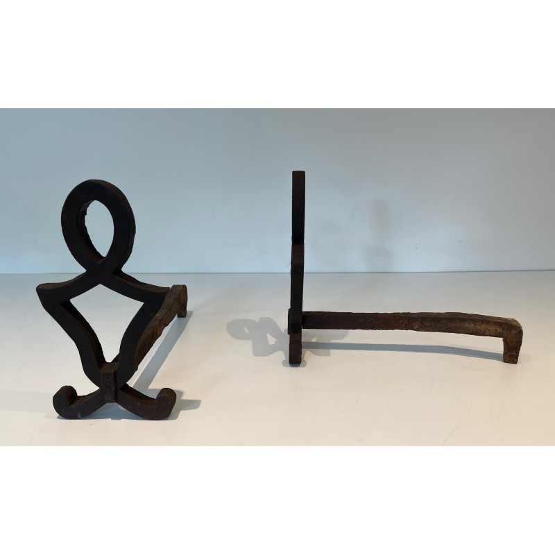 Pair of vintage cast iron and wrought iron andirons by Raymond Subes, France 1940