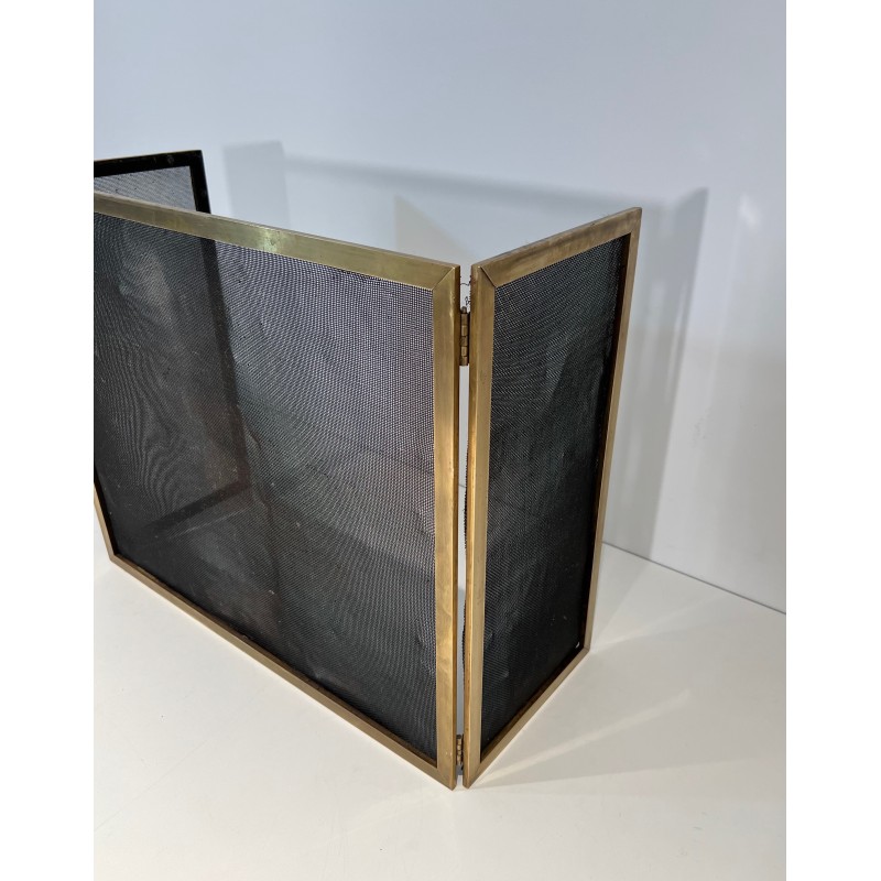 Vintage brass fire screen and 3-panel mesh, France 1940