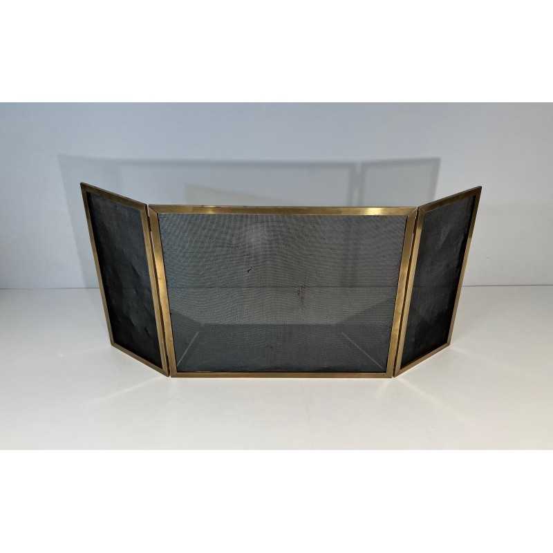 Vintage brass fire screen and 3-panel mesh, France 1940