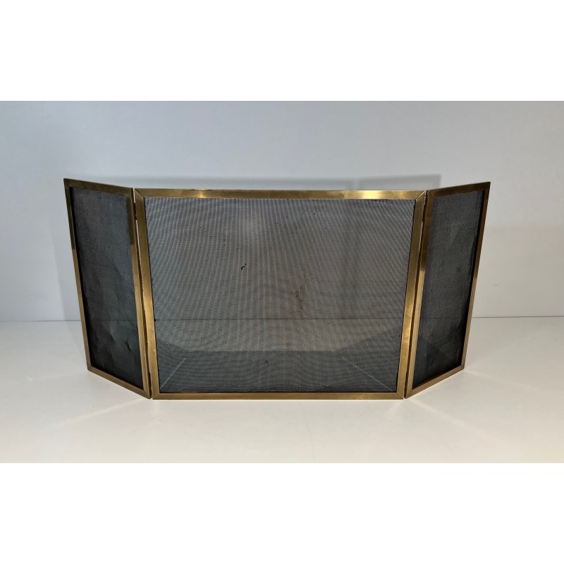 Vintage brass fire screen and 3-panel mesh, France 1940