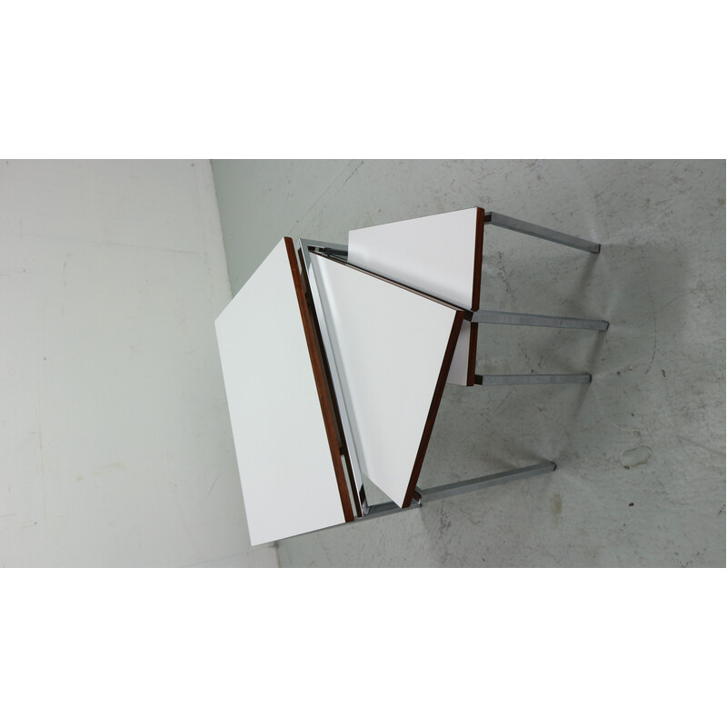 Vintage white Stiemsma nesting tables in chrome steel and wood, Netherlands 1970
