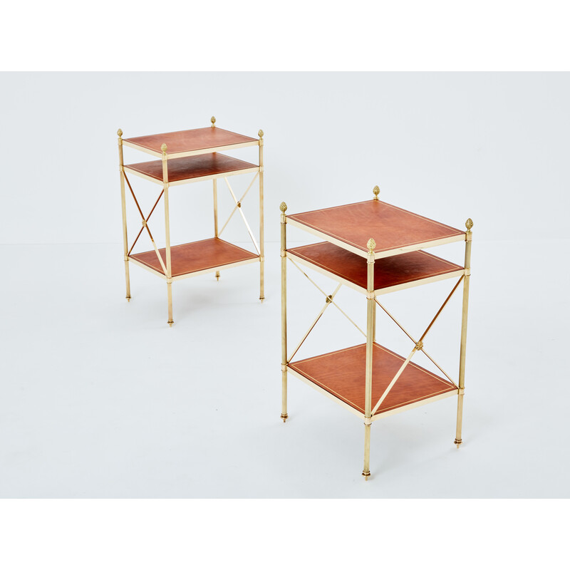 Pair of vintage brass and leather side tables for Maison Jansen, 1970