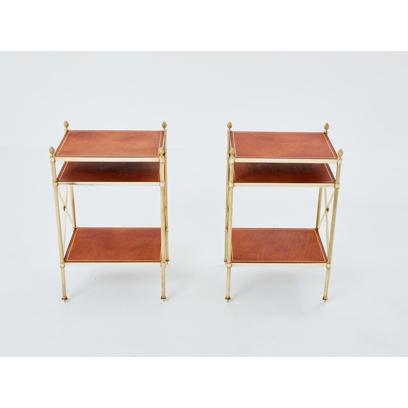 Par de mesas de apoio vintage em latão e couro para a Maison Jansen, 1970