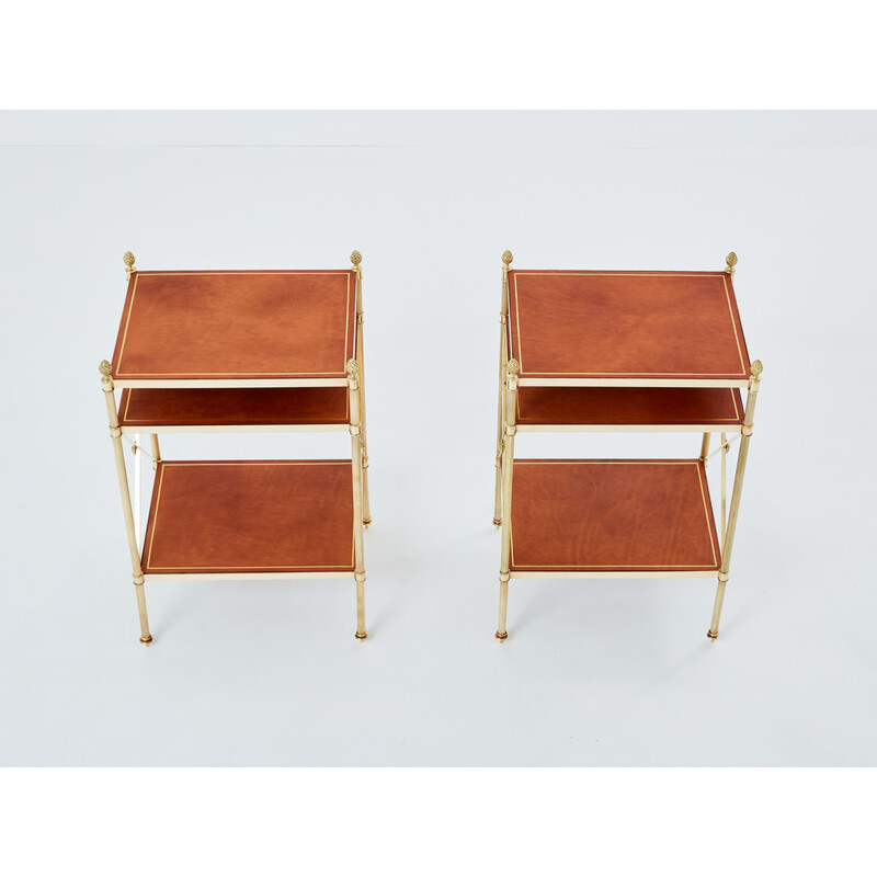 Pair of vintage brass and leather side tables for Maison Jansen, 1970