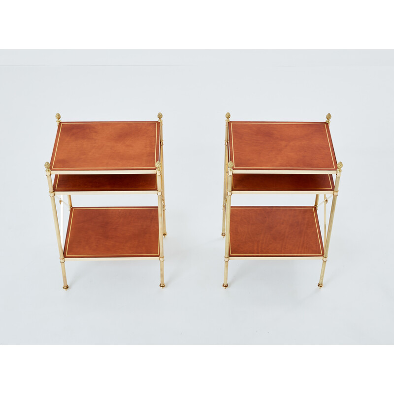 Paire de tables d’appoint vintage en laiton et cuir pour Maison Jansen, 1970