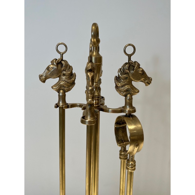 Vintage brass "horse head" fire set, France 1950