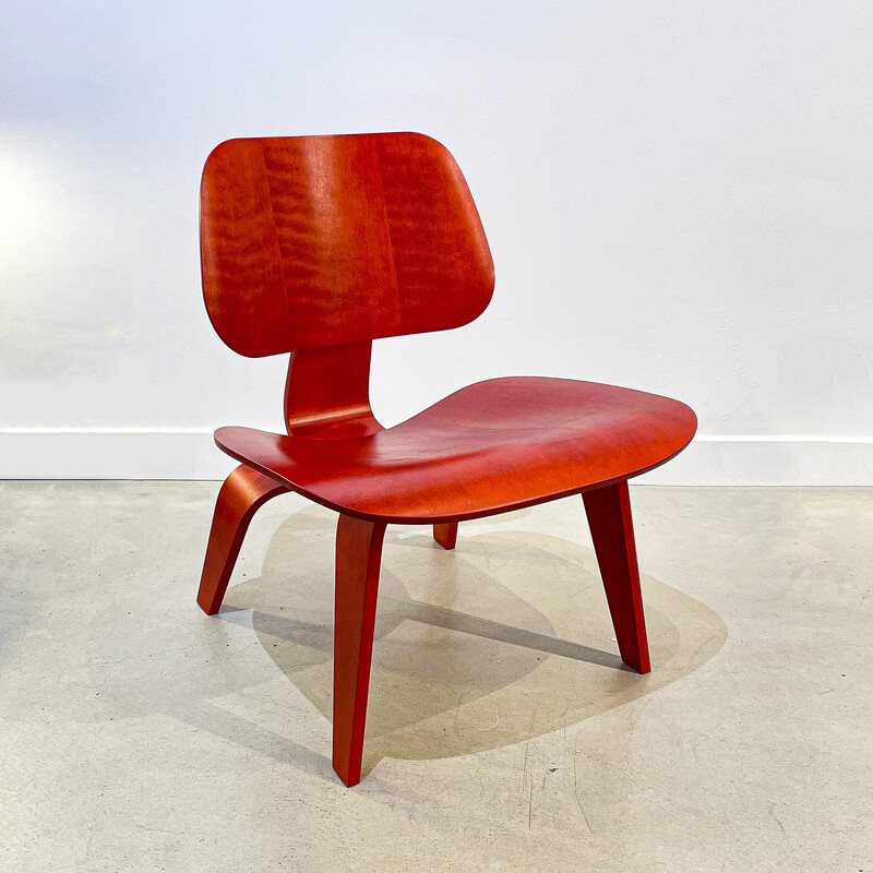 Vintage LCW chair in red stained ash by Charles and Ray Eames for Herman Miller, 2000