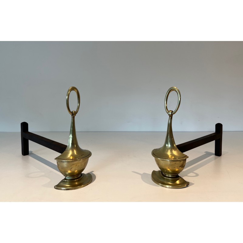 Pair of vintage bronze andirons, England 1960