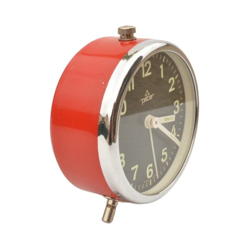 Vintage mechanical alarm clock in chrome steel and red glass for Peter, Germany 1960