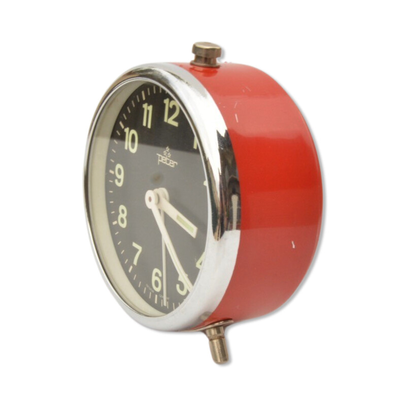 Vintage mechanical alarm clock in chrome steel and red glass for Peter, Germany 1960