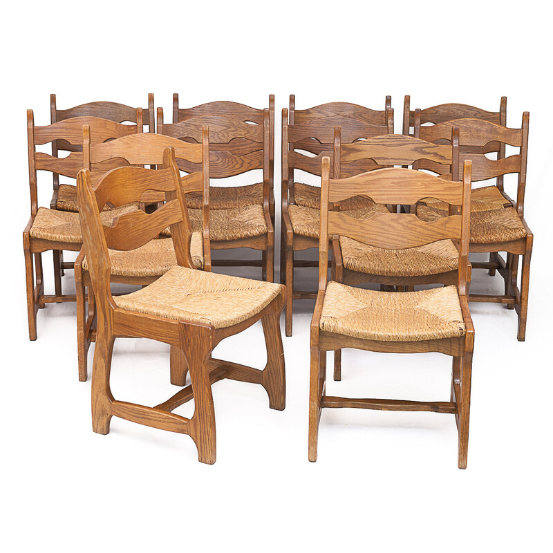 Ensemble de 12 chaises vintage en chêne massif de Guillerme et Chambron, 1950