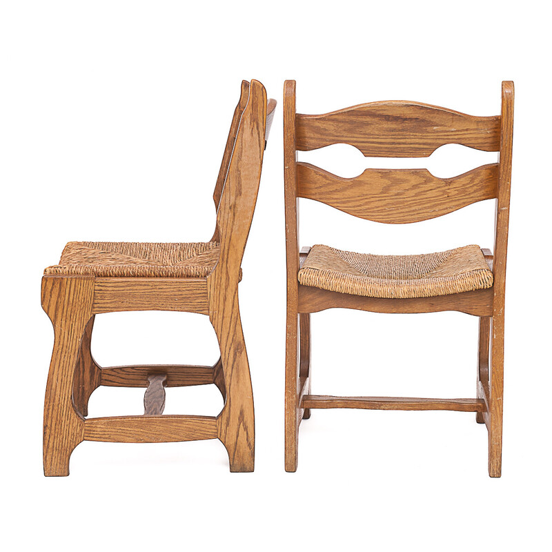 Set of 12 vintage solid oak chairs by Guillerme and Chambron, 1950