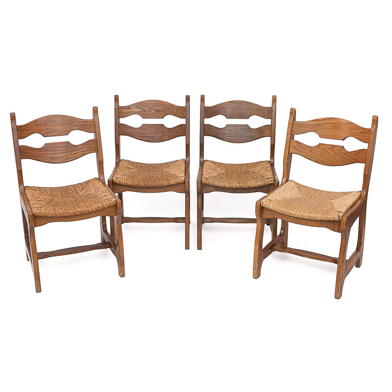 Set of 12 vintage solid oak chairs by Guillerme and Chambron, 1950