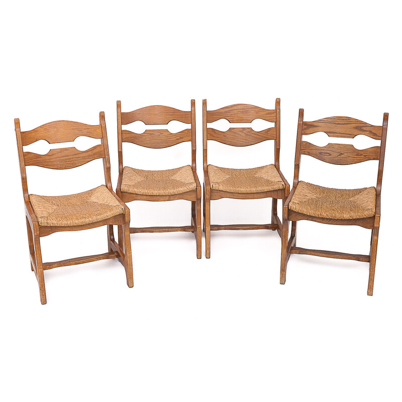 Set of 12 vintage solid oak chairs by Guillerme and Chambron, 1950