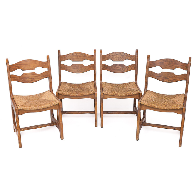 Set of 12 vintage solid oak chairs by Guillerme and Chambron, 1950