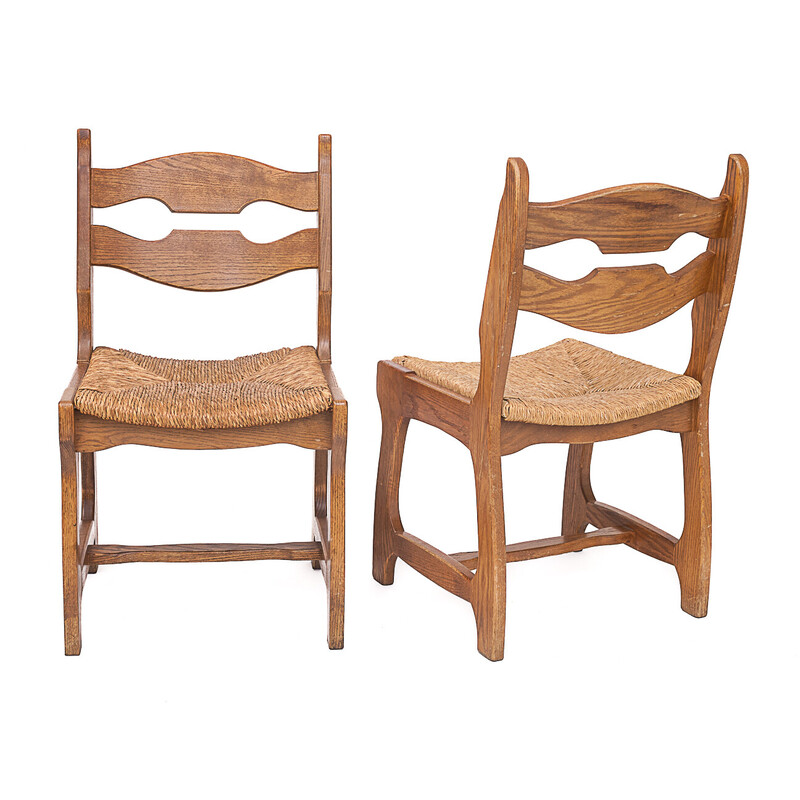 Set of 12 vintage solid oak chairs by Guillerme and Chambron, 1950