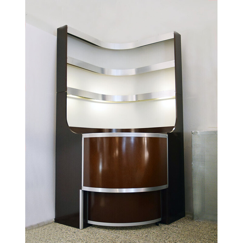 Vintage Space Age corner bar cabinet in curved wood, Italy 1970