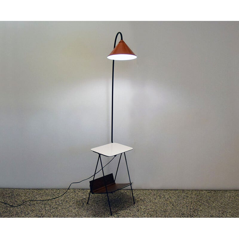Vintage white wood and metal floor lamp with coffee table and magazine rack, 1950